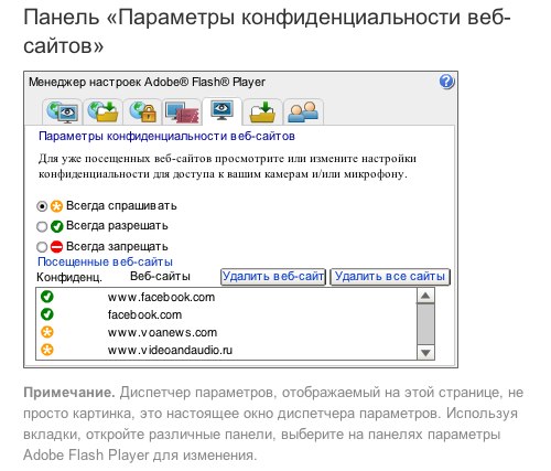 диспетчер параметров Flash Player