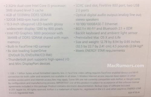 Спецификации MacBook Pro 2011