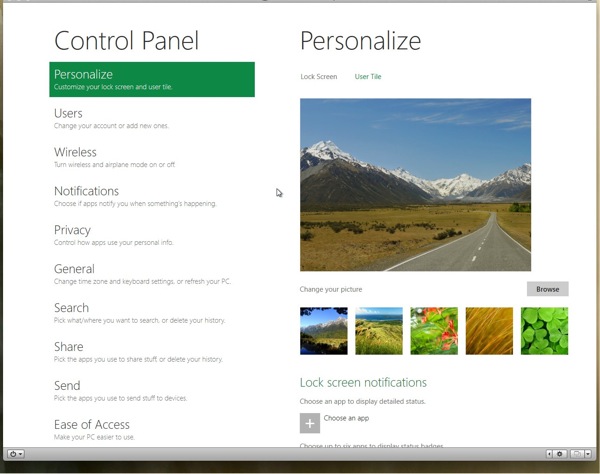 W8 control panel